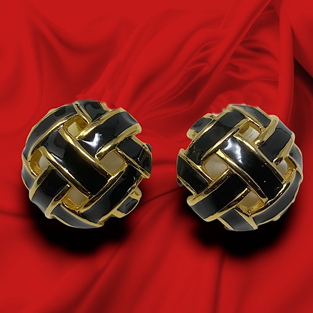 Vintage 1980's Gold Tone Black Enamel Woven Button Earrings Runway Pierced